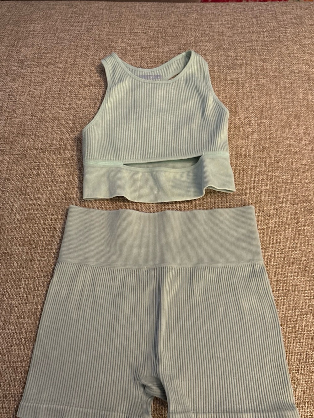 Ribbed Cropped Tank and High-Waist Biker Shorts Set - Light Mint